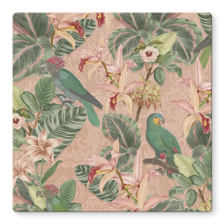 Glasbild Dschungel mit Papageien Rosa - Bloomery Decor - Quadratisch 