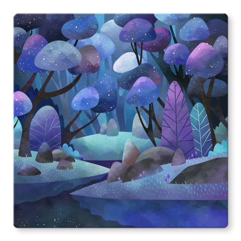 Tableau en verre Forêt enchantée en bleu minuit - DigitalArtsi 