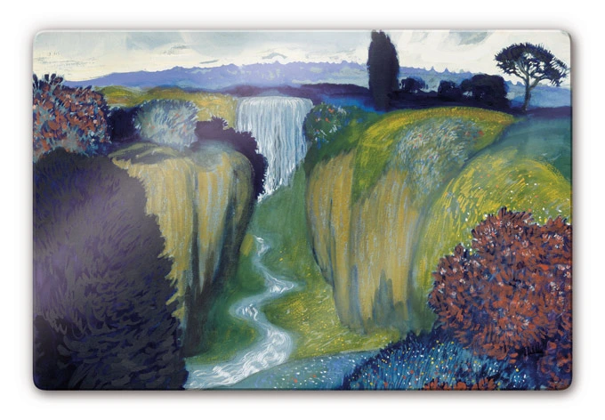 Glasbild Stuck - Landschaft mit Wasserfall 