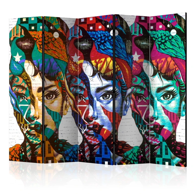 Paravent, Raumteiler freistehend, Trennwand - Bunte Gesichter , 5-teilig - 225x172 cm 
