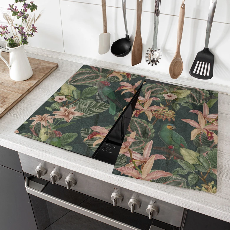 Kogeplade jungle med papegøjer natgrøn - Bloomery Decor 