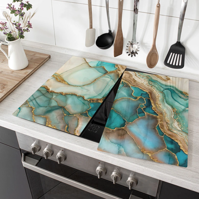 Plaque de recouvrement pour cuisinière Vagues marbrées en turquoise et or - Haase 