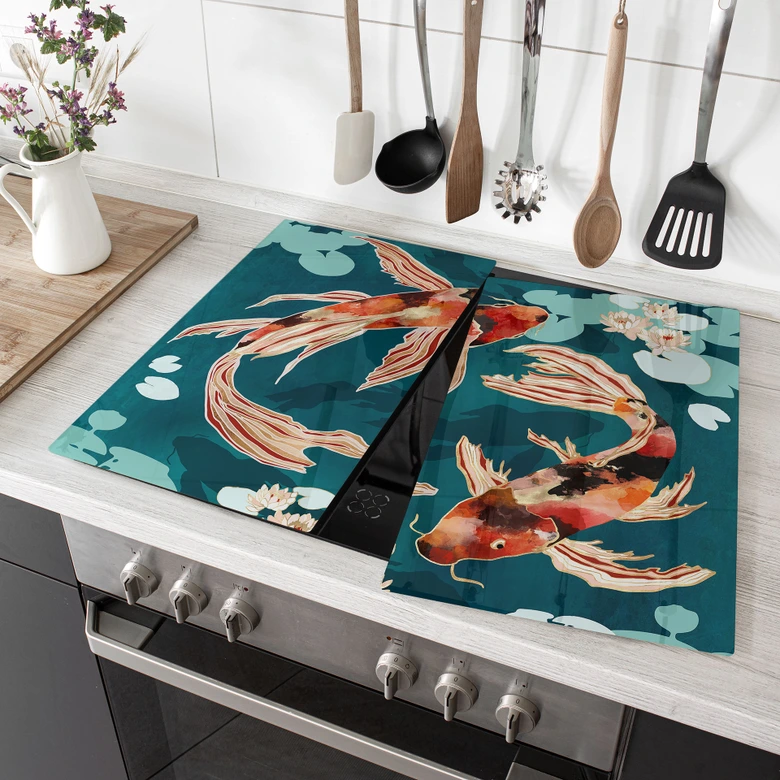 Herdabdeckplatte - Zwei Kois im Teich - SpaceFrog Designs 