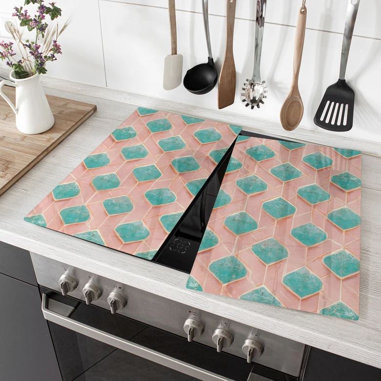 Afdekplaat fornuis ruitpatroon in turquoise en roze - Treechild 