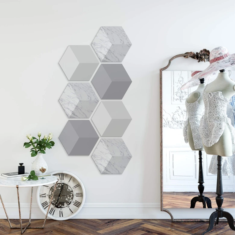 3D Hexagon - Alu-Dibond Set Helles Marmor (7er Set) 