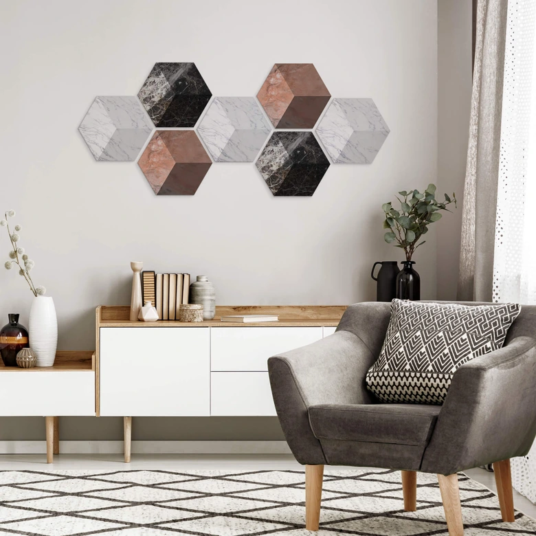 3D Hexagon - Alu-Dibond Set Marmorvariationen (7er Set) 