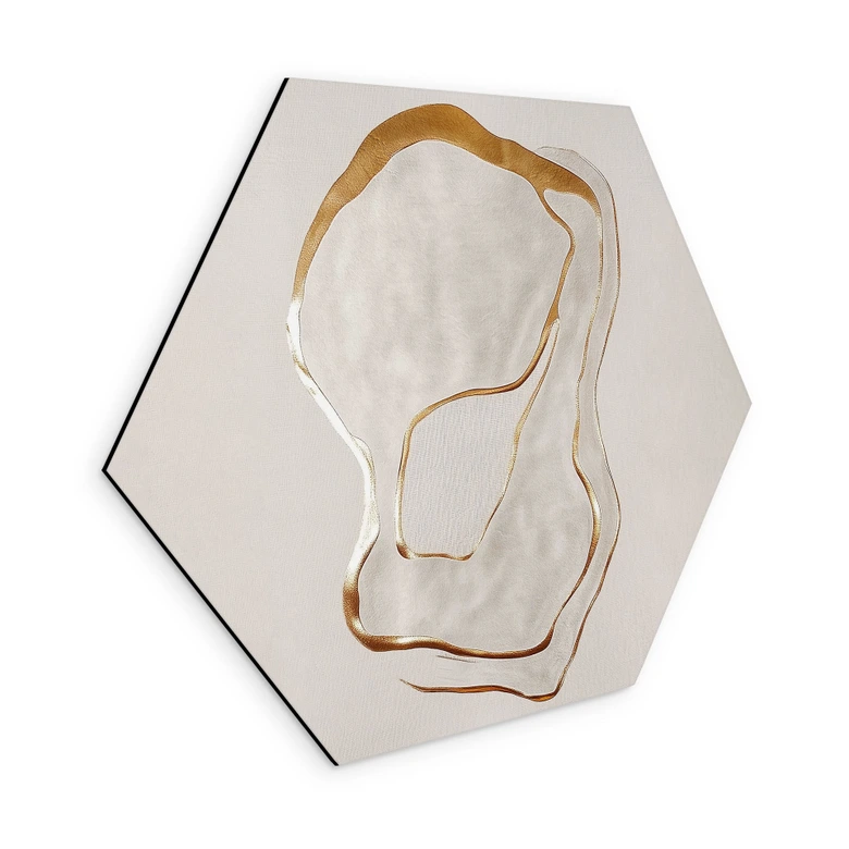 Hexagon Wandbild Abstrakte Line Art in Gold und Beige - Alu-Dibond - Alma 