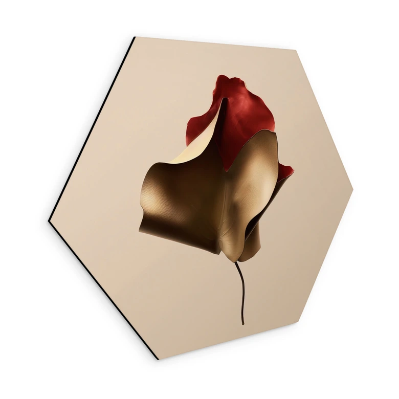 Hexagon Wandbild Elegantes Blatt in Gold und Rot - Alma - Alu-Dibond 