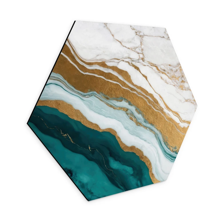 Hexagon Wandbild Marmor-Fluss aus Gold und Jade - Alpenglow Workshop - Alu-Dibond 