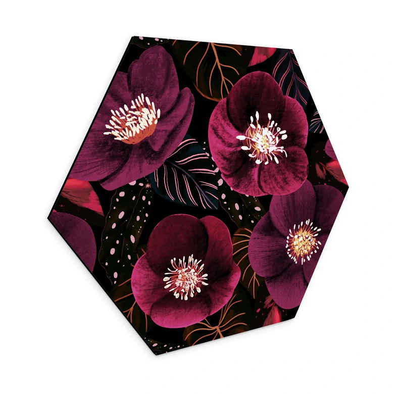 Hexagon Wandbild Florale Blütenpracht in Purpurtönen - Anis Illustration - Alu-Dibond 