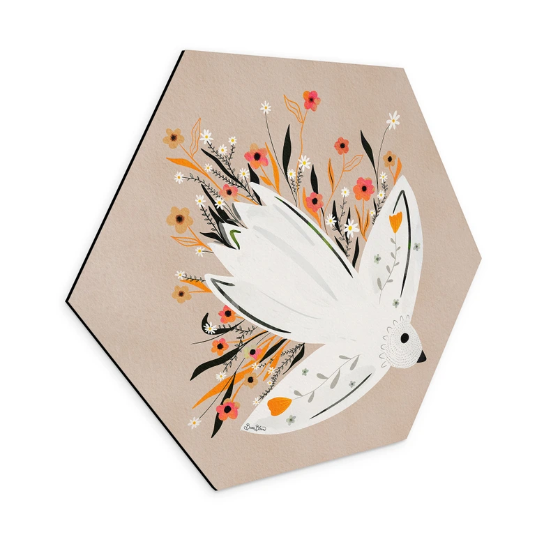 Hexagon Dibond Vredesduif met kleine bloemen - Bloom 
