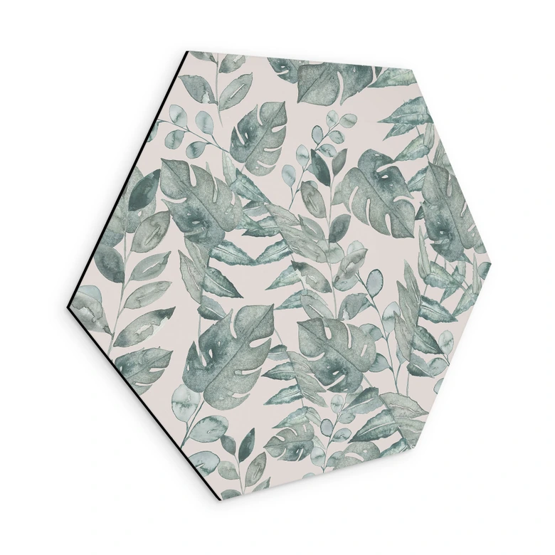 Hexagon Wandbild Dschungelblätter Aquarell Creme - Bloomery Decor - Alu-Dibond 