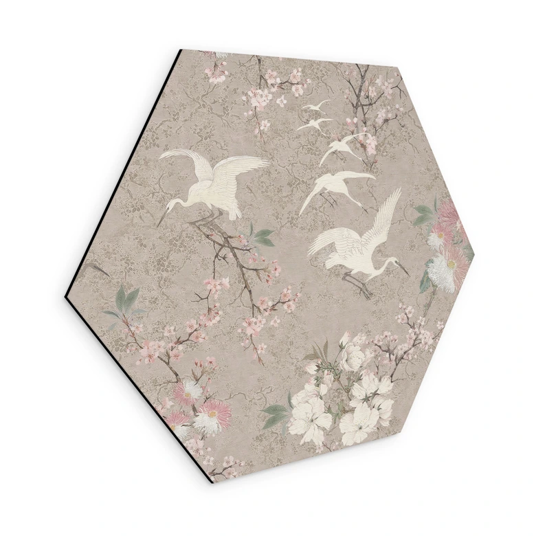 Hexagon Wandbild Kraniche im Kirschblüten-Rausch Beige - Bloomery Decor -  Alu-Dibond 