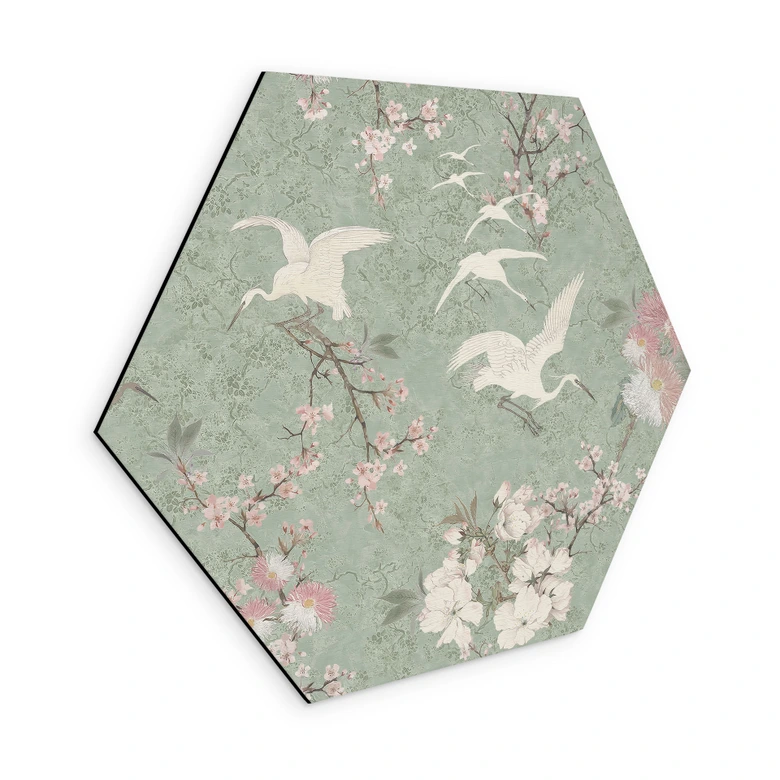 Hexagon Wandbild Kraniche im Kirschblüten-Rausch Grün - Bloomery Decor - Alu-Dibond 