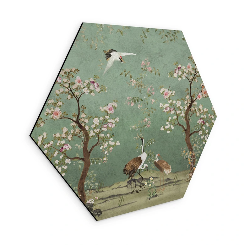 Hexagon Wandbild Kraniche in floraler Landschaft - Bloomery Decor - Alu-Dibond 