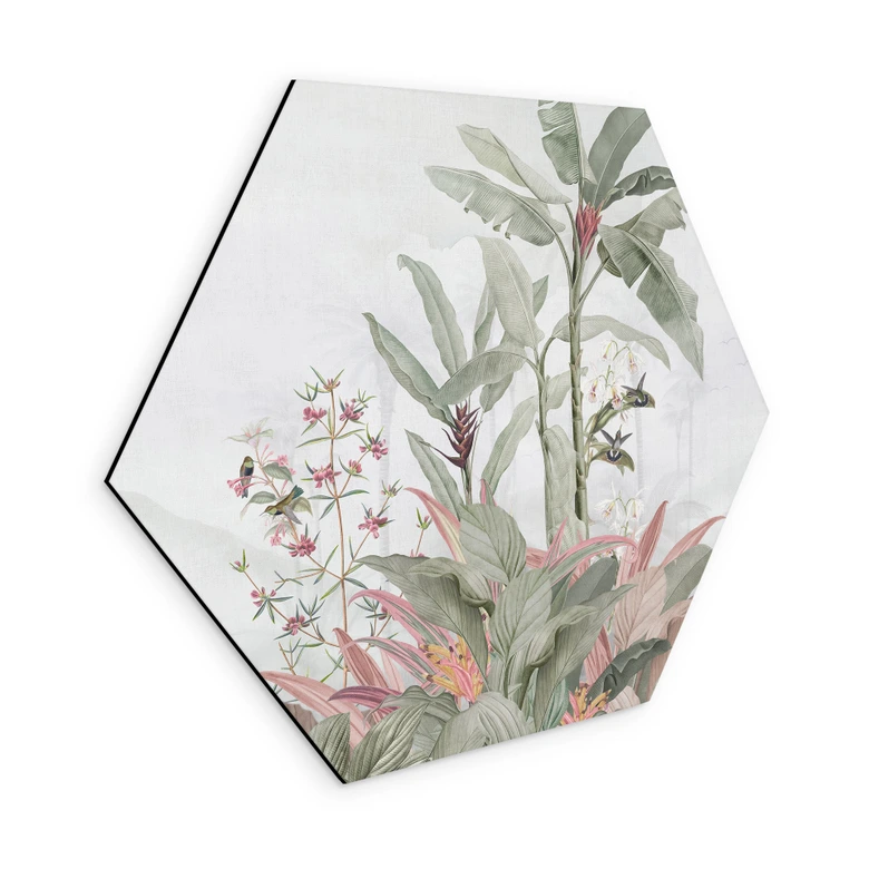 Hexagon Wandbild Tropische Idylle mit Kolibri Blau - Bloomery Decor - Alu-Dibond 