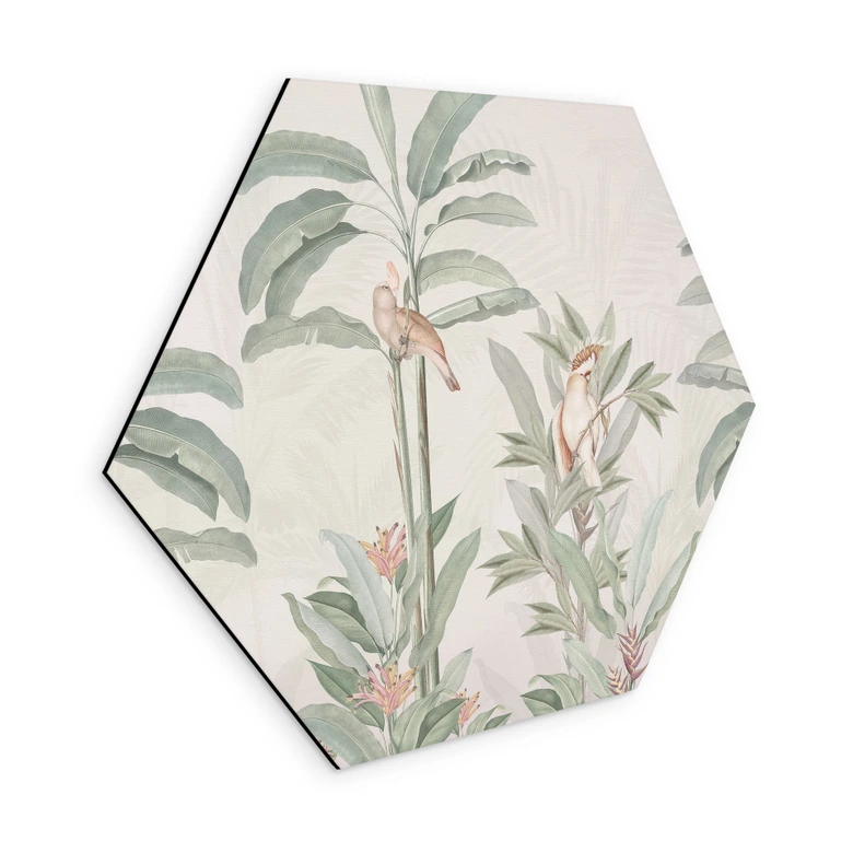 Hexagon Wandbild Tropischer Wald mit Kakadus - Bloomery Decor - Alu-Dibond 