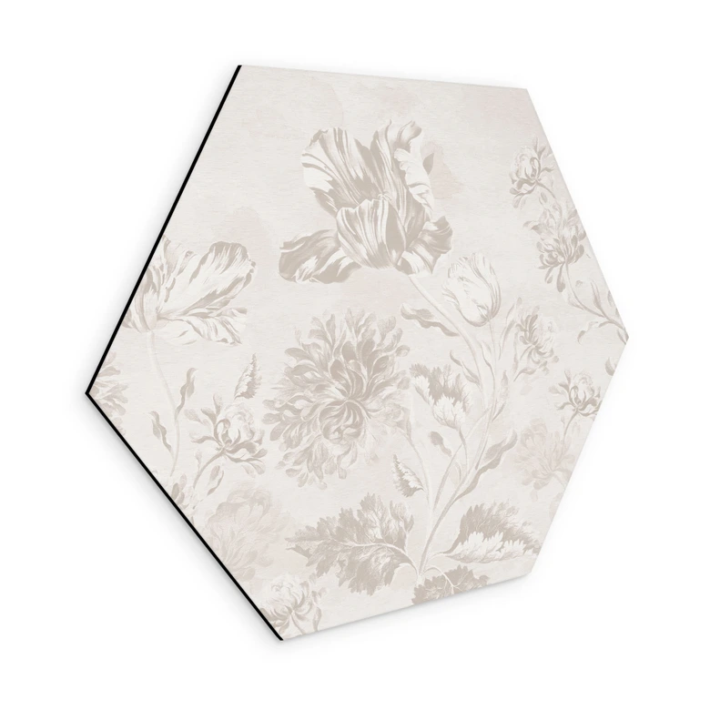 Hexagon Wandbild Wildblumen in Kreide-Optik Greige - Bloomery Decor - Alu-Dibond 