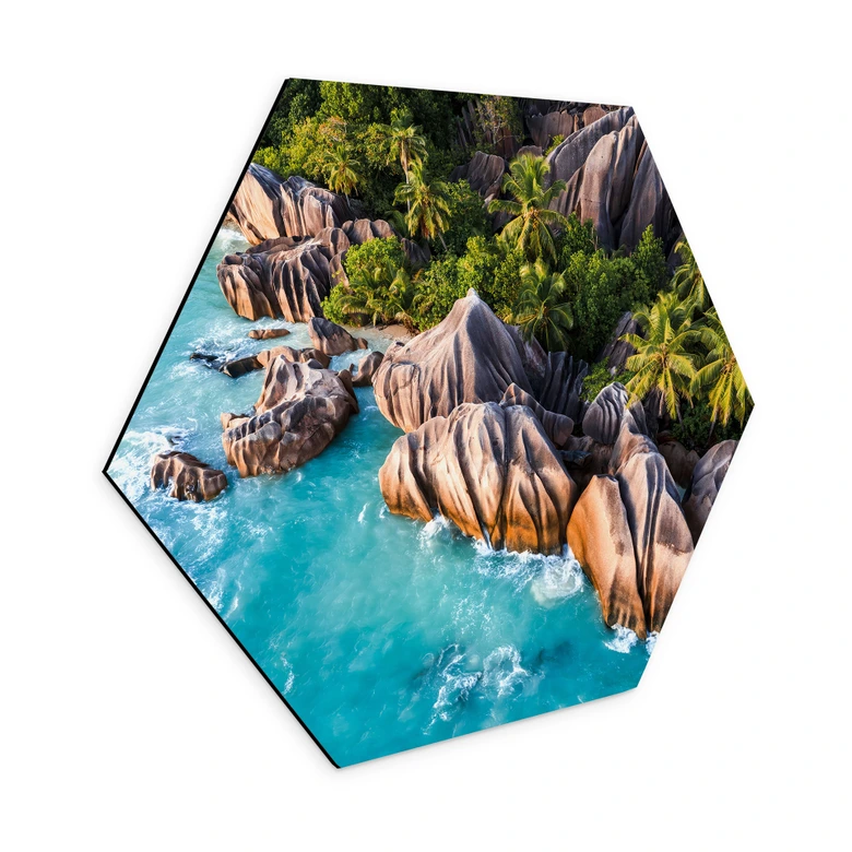 Hexagon Wandbild Tropische Felsenküste der Seychellen - Colombo - Alu-Dibond 