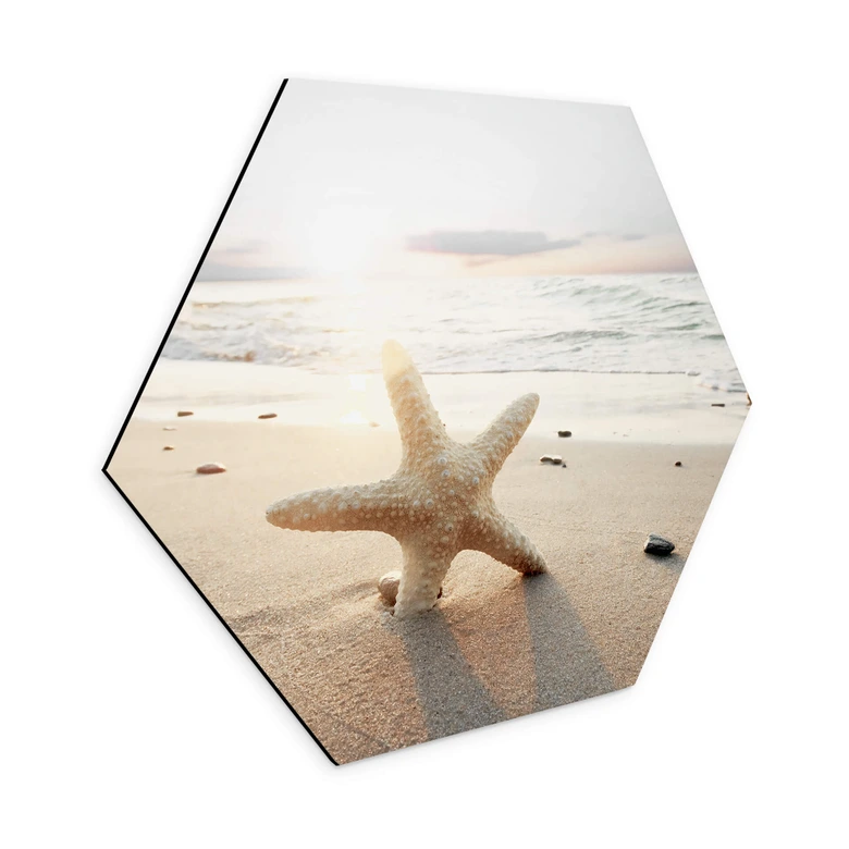 Hexagon Wandbild Funkelnder Seestern am einsamen Strand - Alu-Dibond 
