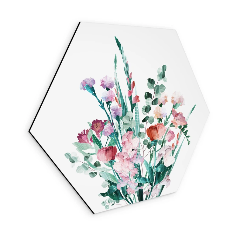 Hexagon Wandbild Wildblumen Bouquet im Frühling - Goed Blauw - Alu-Dibond 