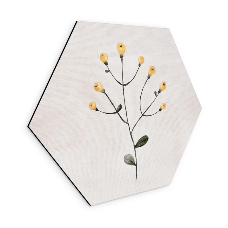 Hexagon Wandbild Zarte Pflanze mit gelben Blüten - Goed Blauw - Alu-Dibond 