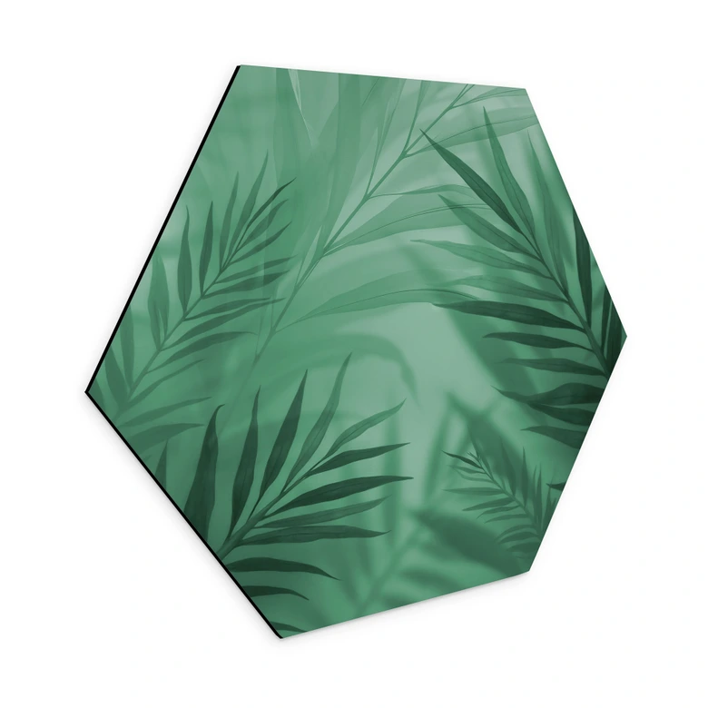 Hexagon Wandbild Grüne Palmenblätter - Alu-Dibond 