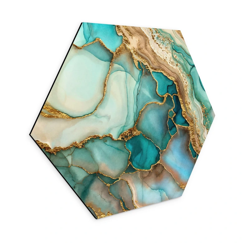 Hexagon Wandbild Marmorierte Wellen in Türkis und Gold - Haase - Alu-Dibond 