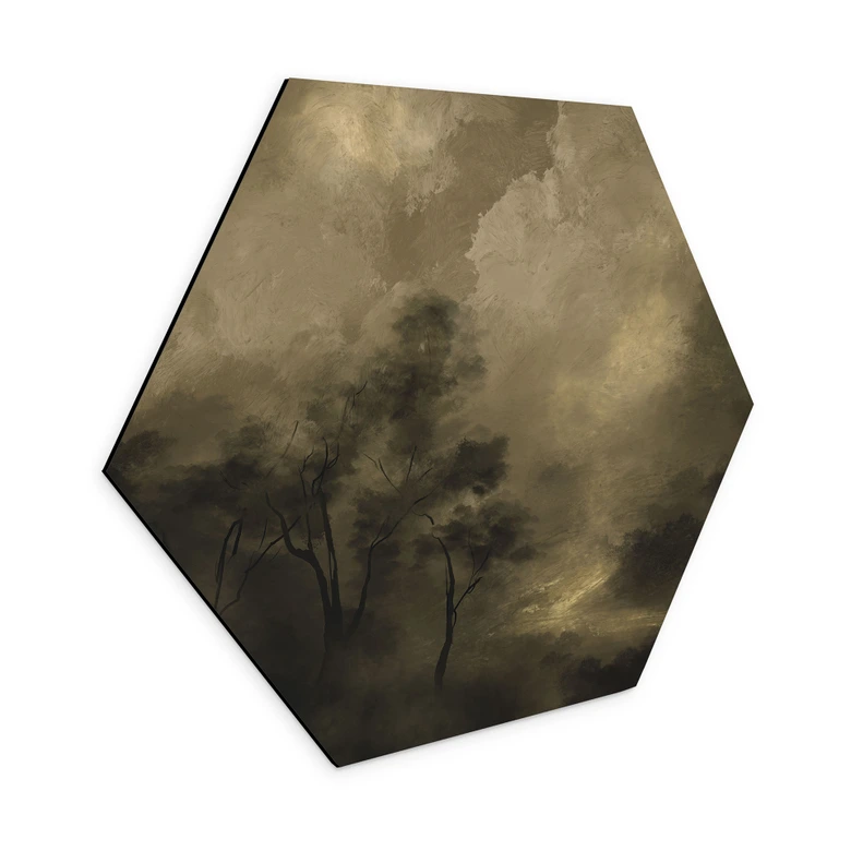 Hexagon Wandbild Bäume im Nebel der Dämmerung - Hobday - Alu-Dibond 