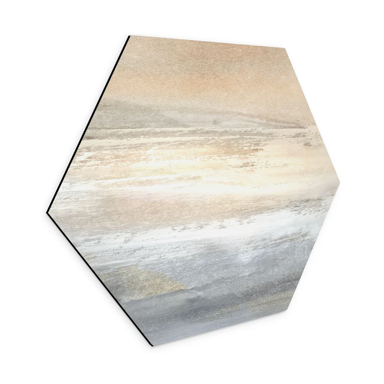Hexagon Wandbild Gold-graue Landschaft aus Pinselstrichen - Hobday - Alu-Dibond 