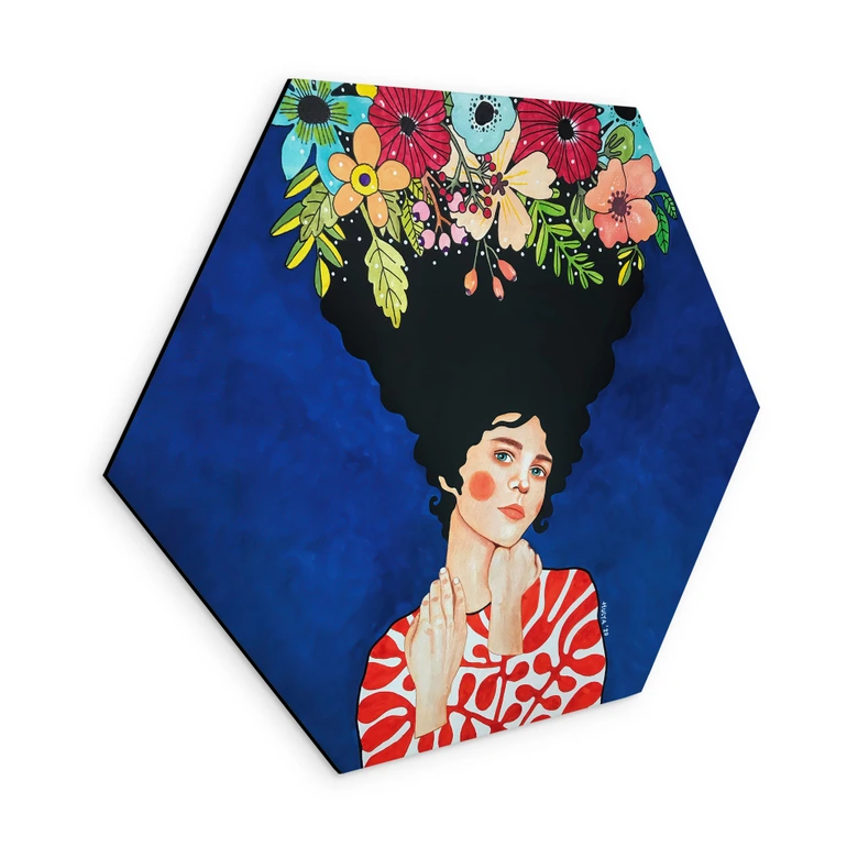 Hexagon Wandbild Frau mit Blütenpracht im Haar - Hülya - Alu-Dibond 