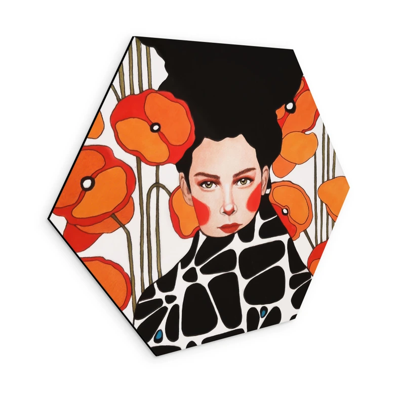 Hexagon Wandbild Frau mit Retro-Mohnblumen - Hülya - Alu-Dibond 