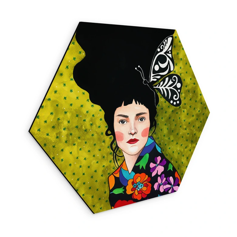 Hexagon Wandbild Frau mit Schmetterling im Haar - Alu-Dibond - Hülya 