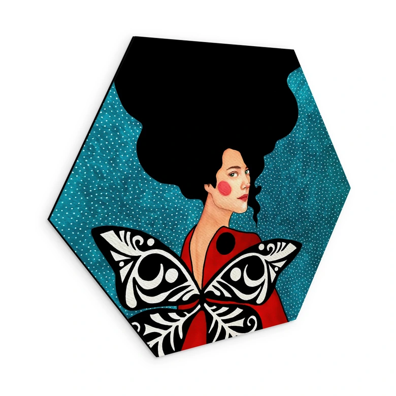 Hexagon Wandbild Frau mit Schmetterlingsflügeln - Hülya - Alu-Dibond 