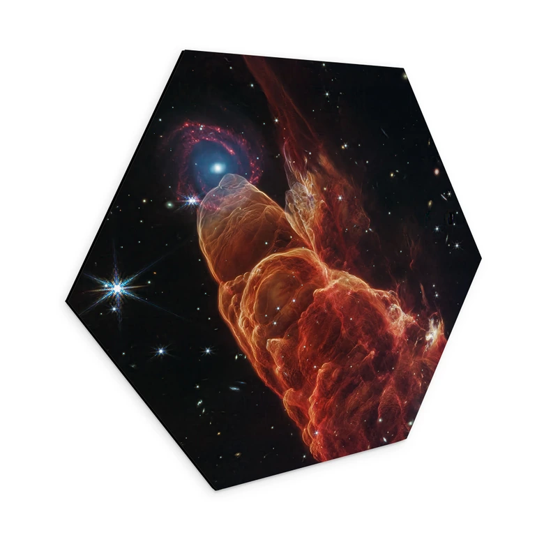 Hexagon Wandbild James Webb Telescope - Kosmischer Wirbelsturm Herbig - Alu-Dibond - Haro 49/50 