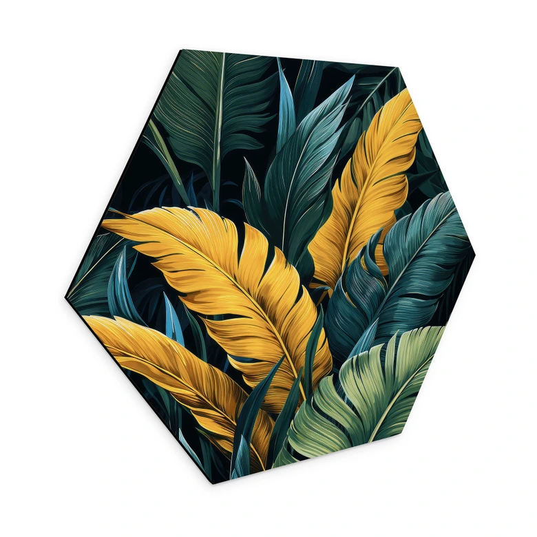 Hexagon Wandbild Bunte Palmenblätter - Jaszke - Alu-Dibond 