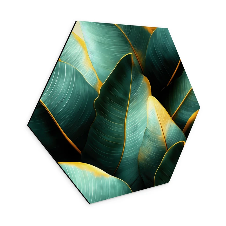 Hexagon Wandbild Exotische Bananenblätter - Jaszke - Alu-Dibond 