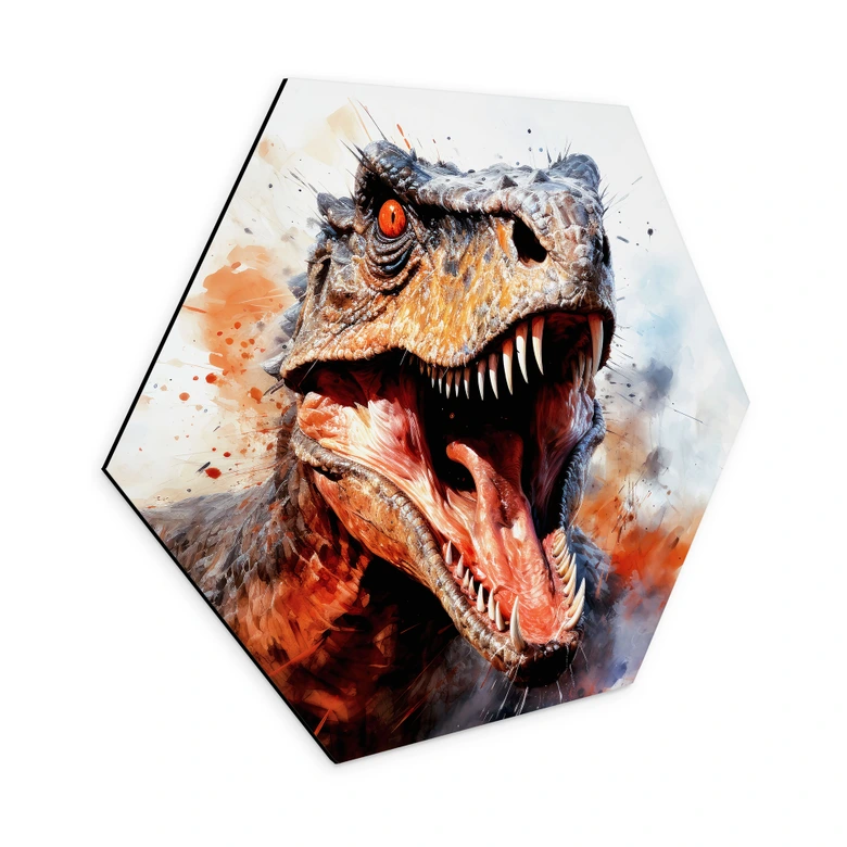 Hexagon Wandbild T-Rex: Das wilde Gesicht der Urzeit - Jaszke - Alu-Dibond 