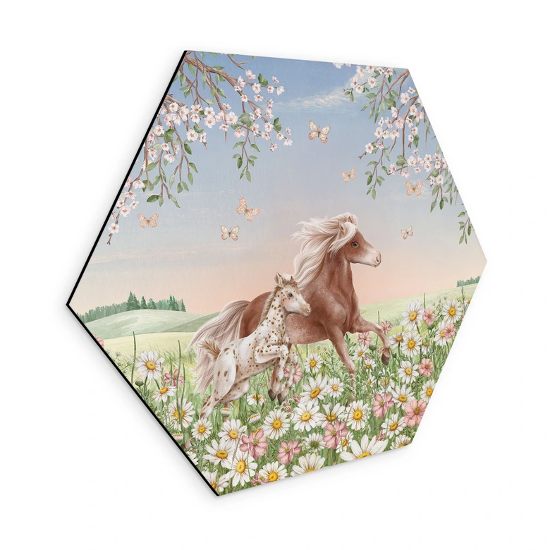 Hexagon Wandbild Pferde auf der Blumenwiese - Kikki Belle -  Alu-Dibond 
