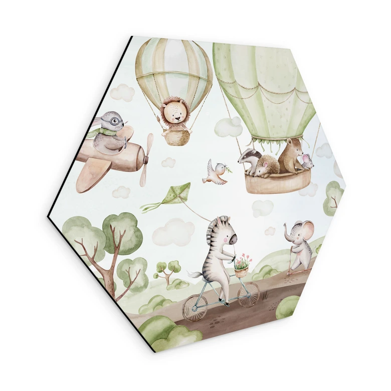 Hexagon Wandbild Ballonfahrt der Tierfreunde - Kvilis - Alu-Dibond 