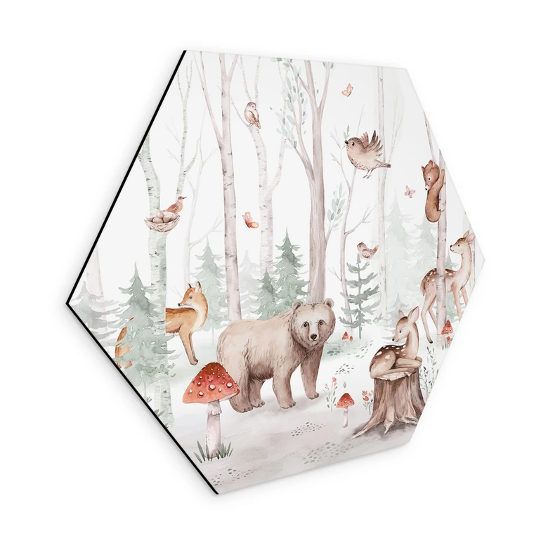 Hexagon Wandbild Waldtiere im Herbst - Kvilis - Alu-Dibond 
