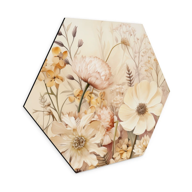 Hexagon Wandbild Vintage Blütenpracht auf der Wiese - Lola Peacock - Alu-Dibond 
