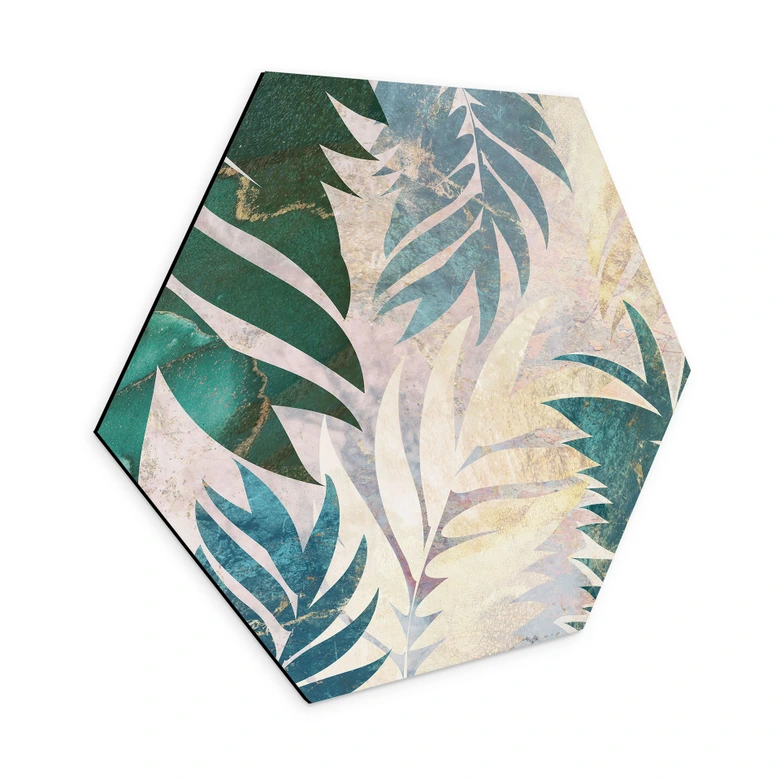 Hexagon Wandbild Exotische Palmenblätter in Gold-grün - Manovski - Alu-Dibond 