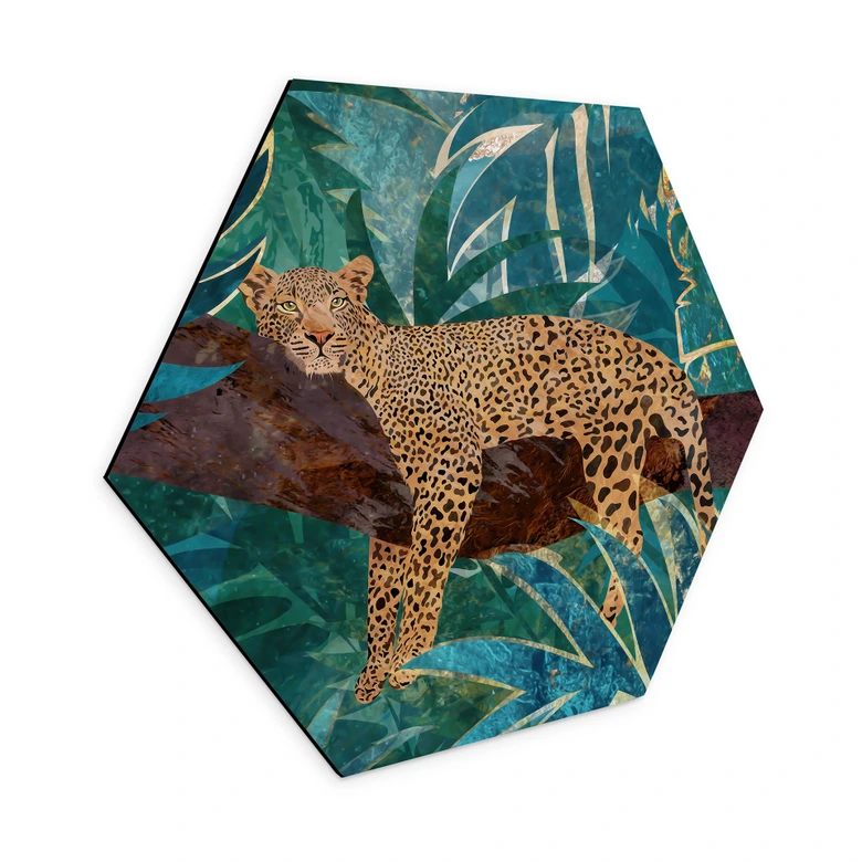 Hexagon Wandbild Leopard im smaragdgrünen Dschungel - Manovski - Alu-Dibond 