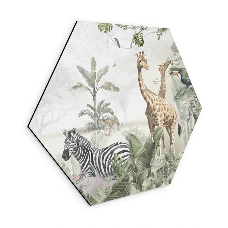 Hexagon Wandbild Dschungeltiere auf großer Safari - Ms Tiff - Alu-Dibond 