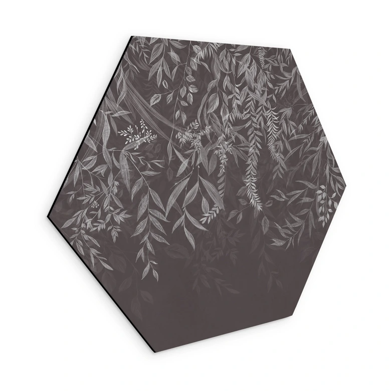 Hexagon Wandbild Elegante Weidenzweige in Dunkelgrau - Ms Tiff - Alu-Dibond 