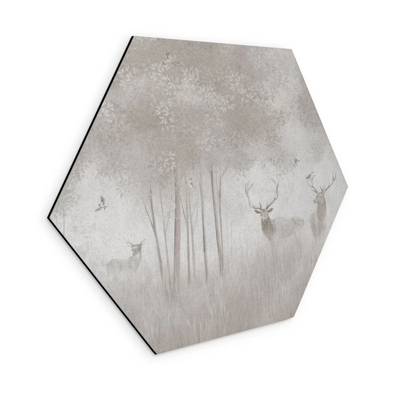 Hexagon Wandbild Hirsche im Nebelwald - Ms Tiff - Alu-Dibond 