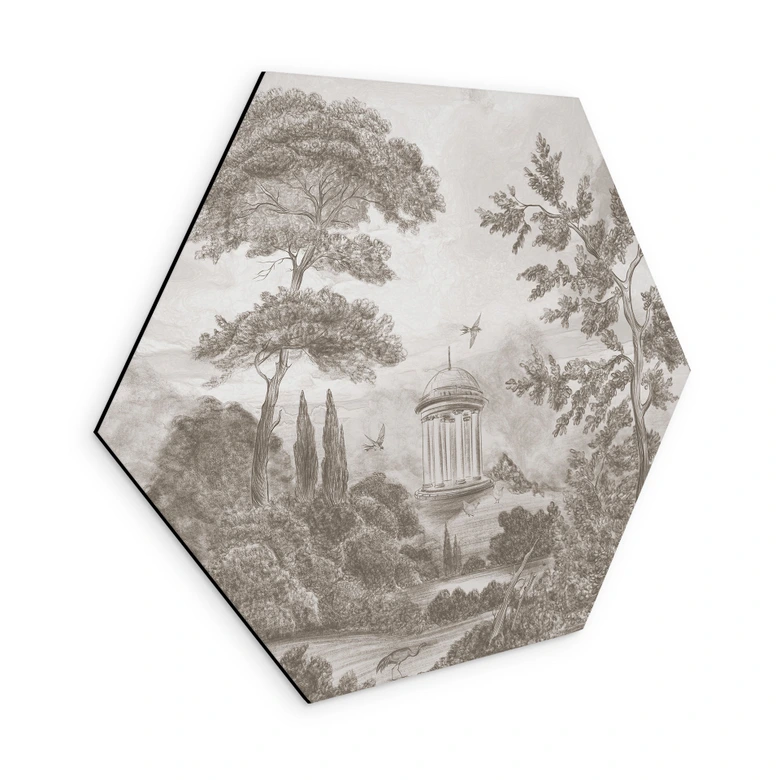 Hexagon Wandbild Landschaft mit Gartenlandschaft in Beige - Ms Tiff - Alu-Dibond 