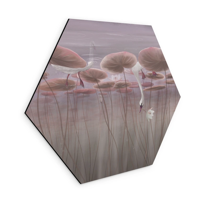 Hexagon Wandbild Lotusblumen mit Schwan im Wasser in Altrosa - Ms Tiff - Alu-Dibond 