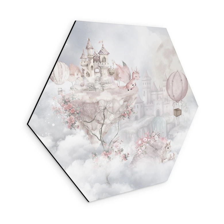 Hexagon Wandbild Märchenwelt mit Schloss und Einhorn - Ms Tiff - Alu-Dibond 